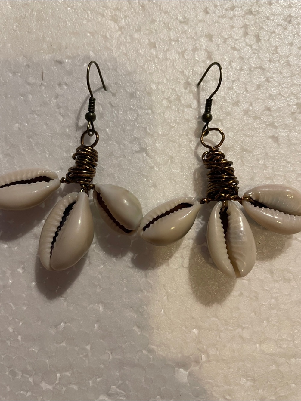 Cowrie Shell Dangle Earrings - White with Bronze Accents
